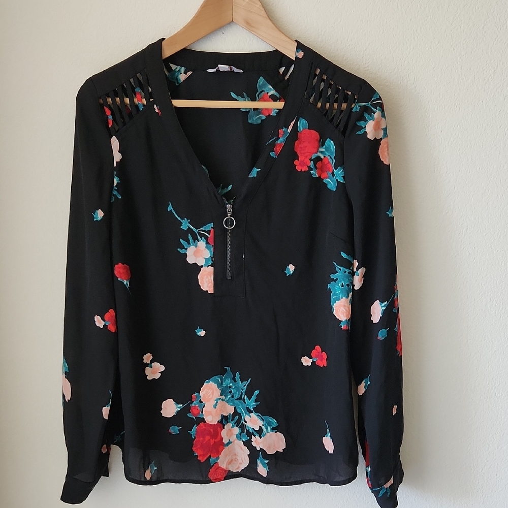 Candie's Black Floral Zip-Front Long Sleeve Blouse with Teal & Coral Accents